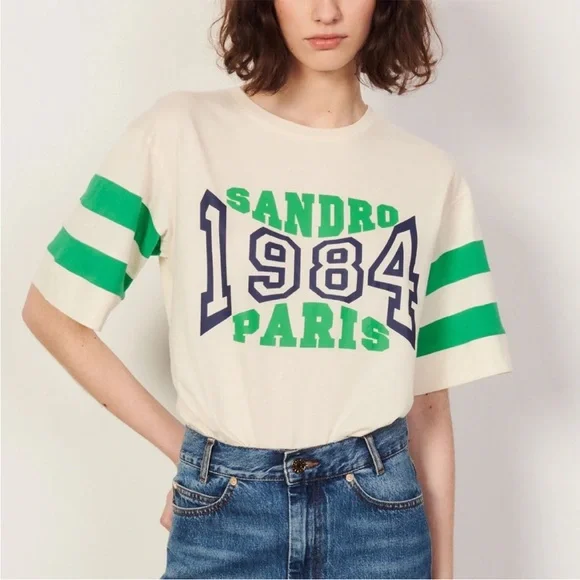 Sandro Paris green and cream T-shirt medium - Picture 1 of 3
